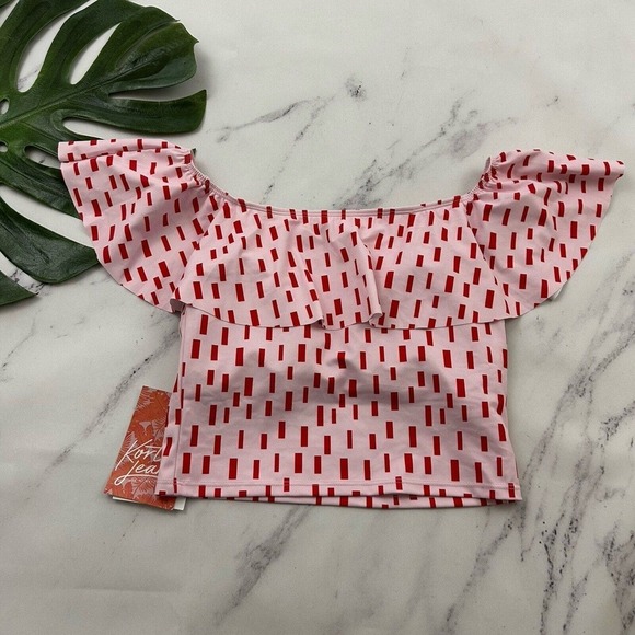 Kortni Jeane Womens Ruffle Around Tankini Top Size S New Pink Red Geometric Swim - Picture 6 of 8